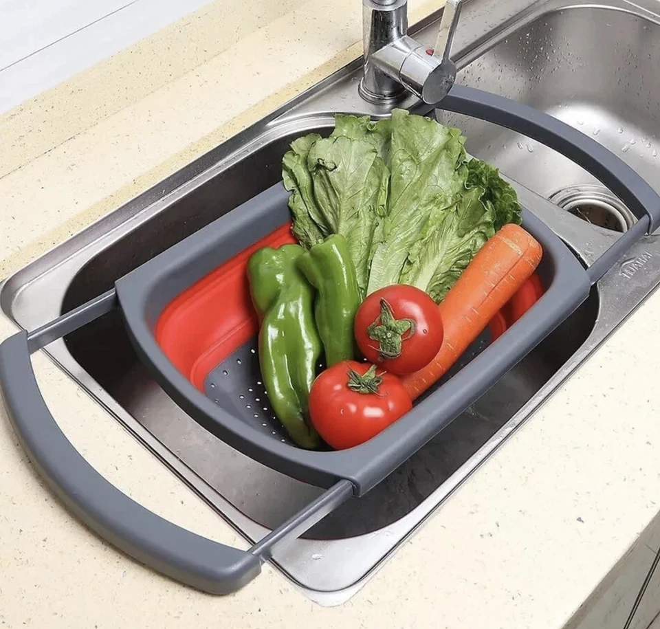 Colador Plegable Sobre el Fregadero Asas Extensibles Frutas Verduras Pasta Foto 2 de 4