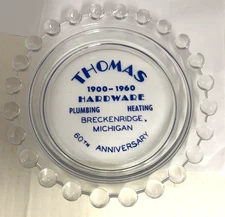BRECKENRIDGE, Michigan THOMAS HARDWARE Advertising ASHTRAY, 1900-1960 Candlewick