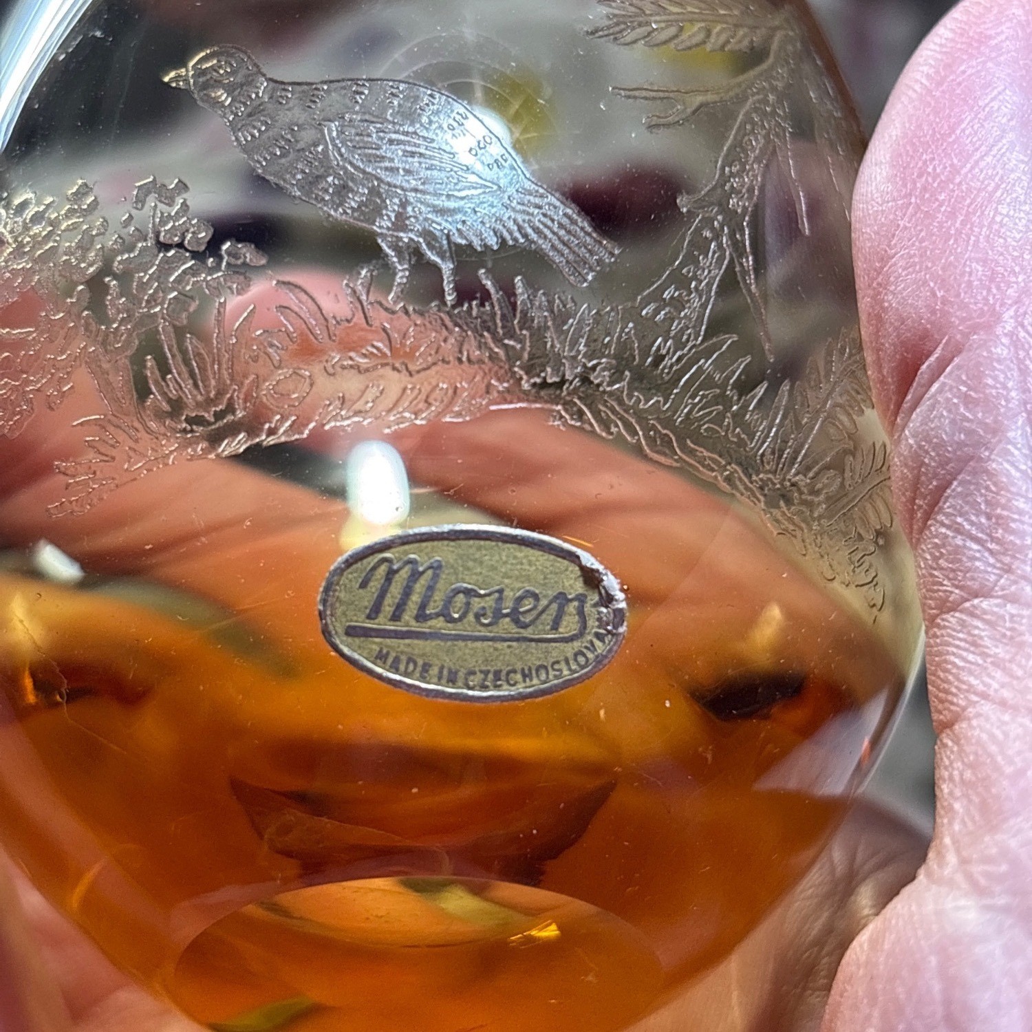 VINTAGE MOSER - ETCHED BIRDS BOHEMIAN CZECH CRYSTAL BAR GLASS