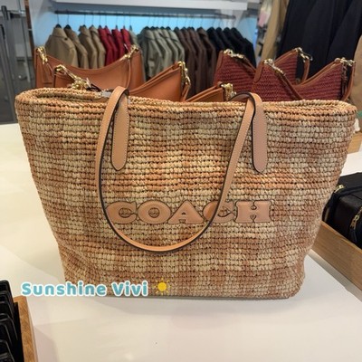 NWT Coach City Tote Bag With Gingham Print  CES22 straw/Gold/Tan