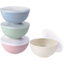 Wheat Straw Cereal Bowls with Dust-Proof Lid, Resuable Bowls for Kitchen, Set...