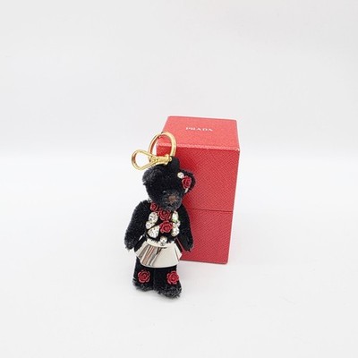 Prada Schlüsselanhänger Teddybär mit Kleid, Kristallen und Rosen 10 cm