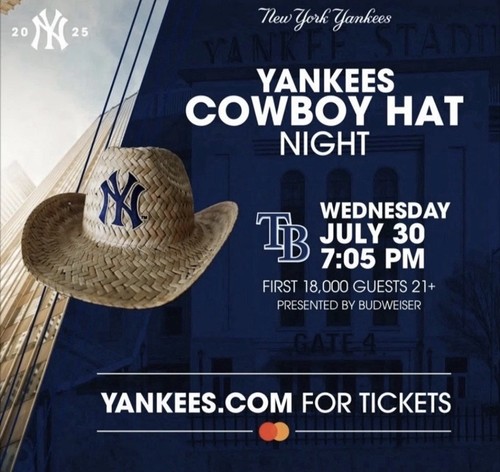 2025 NY YANKEES Budweiser Cowboy Hat Giveaway 7/30