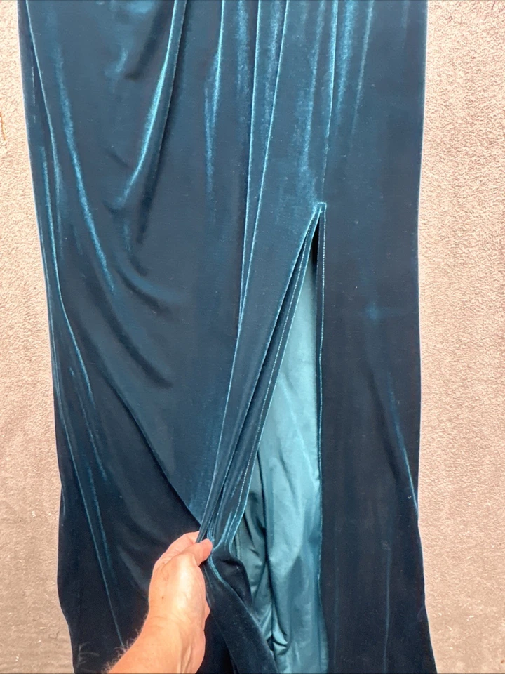 Vintage Peacock Blue Velvet Gown Cachet 90s Evening Formal Maxi Dress 8 - Image 3 of 4