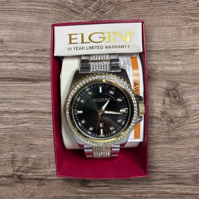 Elgin Men's Two Tone Watch Black Dial Crystal Bezel Date Window Quartz