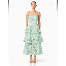 elliatt roseate green 3d floral lace applique strapless tiered maxi dress large