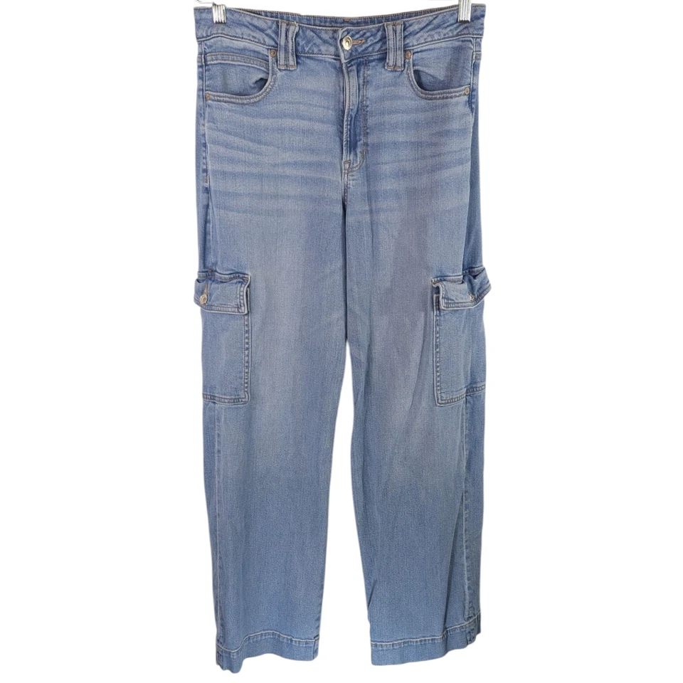 American Eagle Cargo Jeans Size 8 Long Super High Rise Baggy Wide Leg Stretch - Image 2 of 4