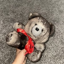 Vintage Brown Teddy Bear Plush Red Ribbon Stuffed Animal Soft Toy - 908