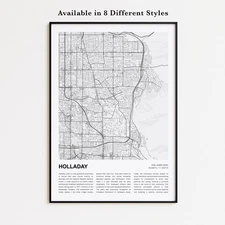 Holladay City Map Print, Utah Travel Poster, Modern Map, Wall Decor Art