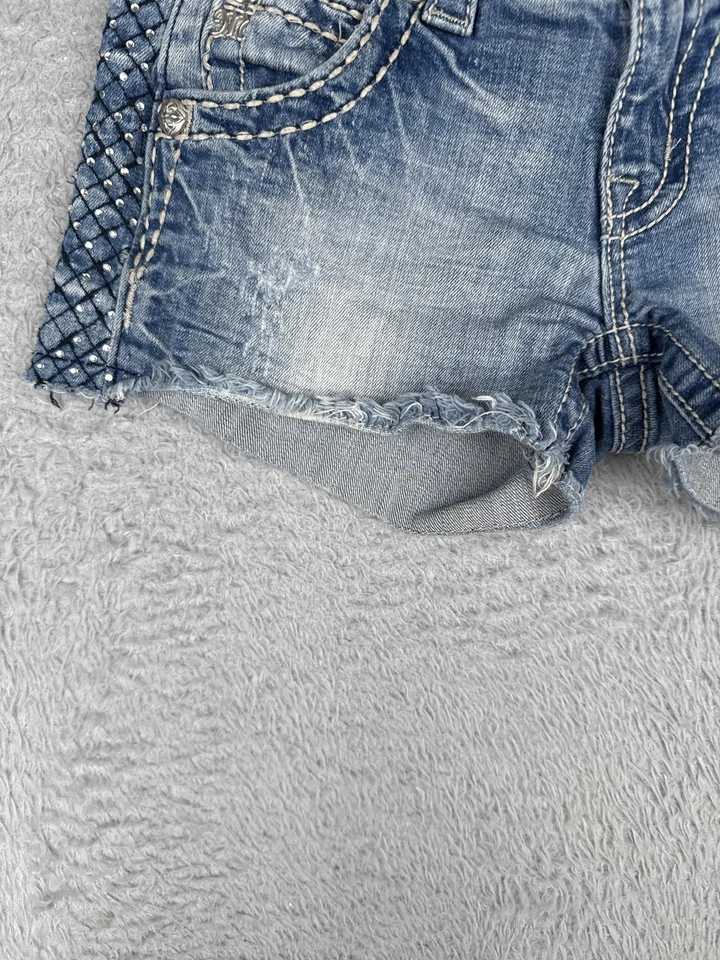 Pantalones Cortos Miss Me Para Mujer 26 Azul Denim Estrás Tachonado Lateral Dobladillo Crudo JPS826H Foto 3 de 4