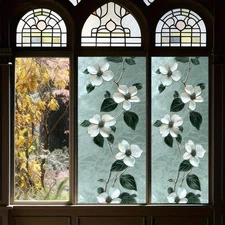 Stained Glass Window Film 17.7x39.3 inch Retro Green Floral Window Privacy Fi...