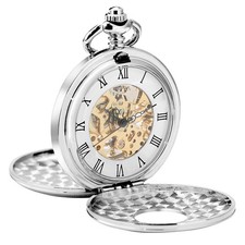 Silver Pocket Watch Double Hunter Handwind Mechanical Roman Number Pendant Chain