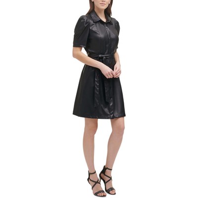 DKNY Womens Black Faux Leather Belted Collared Shirtdress Petites 6P BHFO 3591