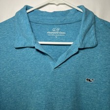 Vineyard Vines V Neck Linen Blend Polo Shirt Mens Size Large Teal Blue Short Slv