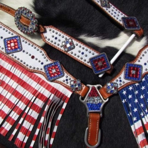 AMERICAN FLAG HEADSTALL & BREAST COLLAR SET w/ Fringe Rhinestone conchos Reins - Picture 2 of 2