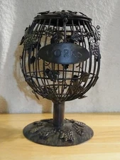 Metal Cork Holder Cage Round Grapes Leaves Rustic Pedestal Antiqued Wine 10" 