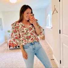 Rhode Resort White Pink Red Floral Dazzle Elodie Crop Blouse Top Medium M