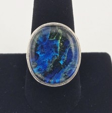 VTG Sterling Silver Art Glass Ring Size 9 Blue Green Cabochon 925 Statement 10g