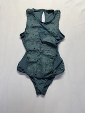 Haute Monde Mesh Bodysuit Womens L Sage Green Floral Lace Overlay Keyhole Back
