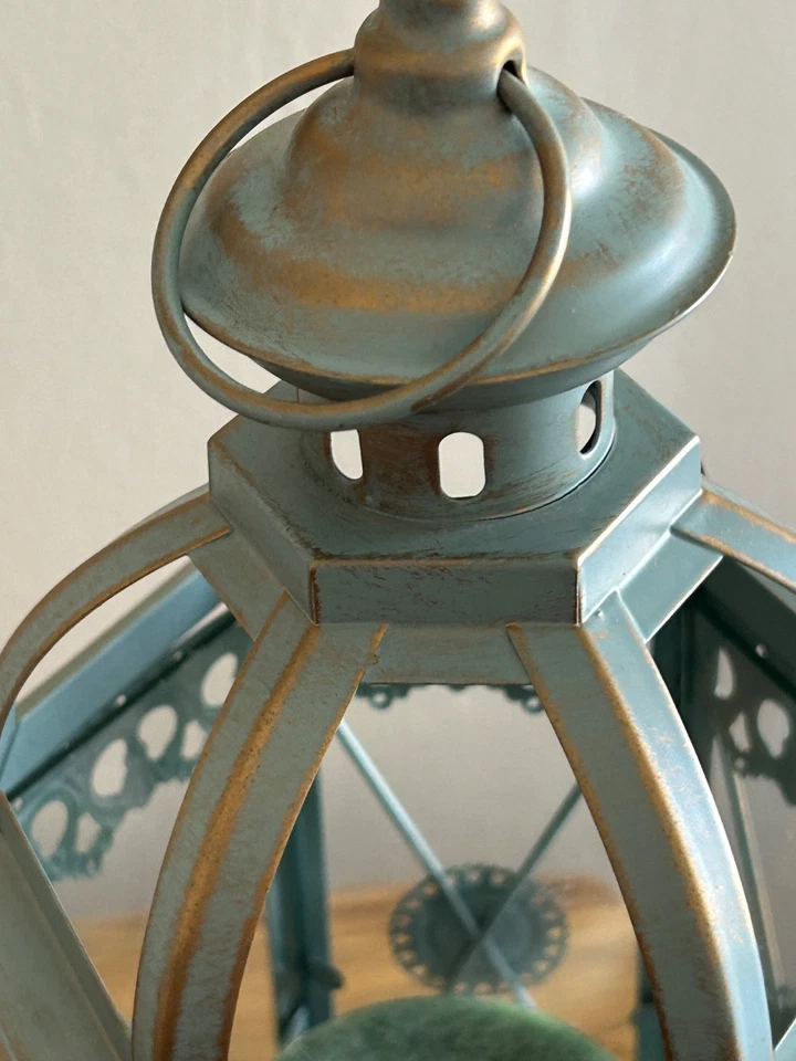 RARE Pier 1 14" Decor Metal Tabletop Lantern Candle Holder Whitewashed Antique - Image 4 of 4