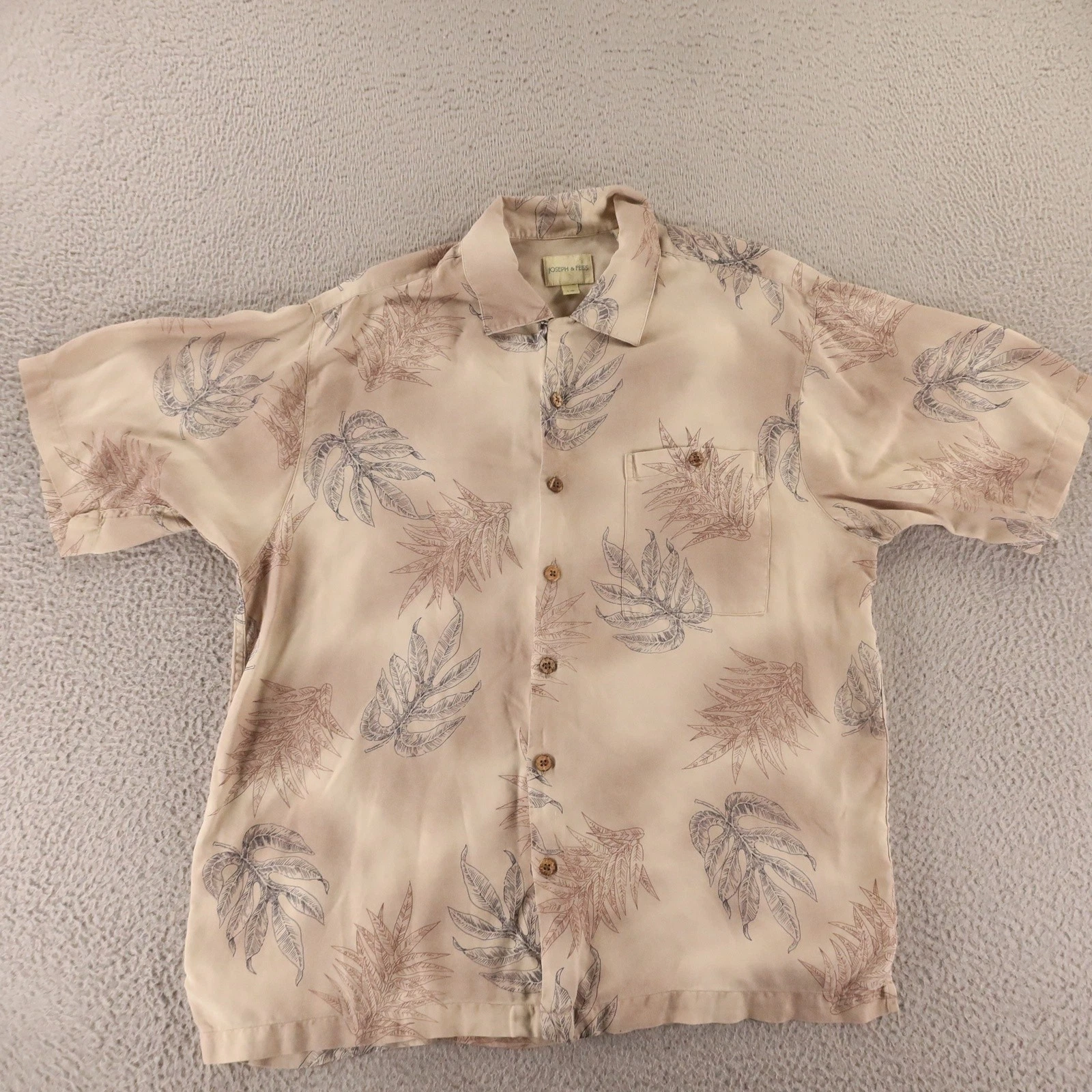 Joseph & Feiss Shirt Mens L Beige Floral 100% Silk Hawaiian Camp Leaf Button Up