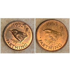 1952 1953 UK British Farthing coins (1/4 penny), KM 867, 881, lot of 2
