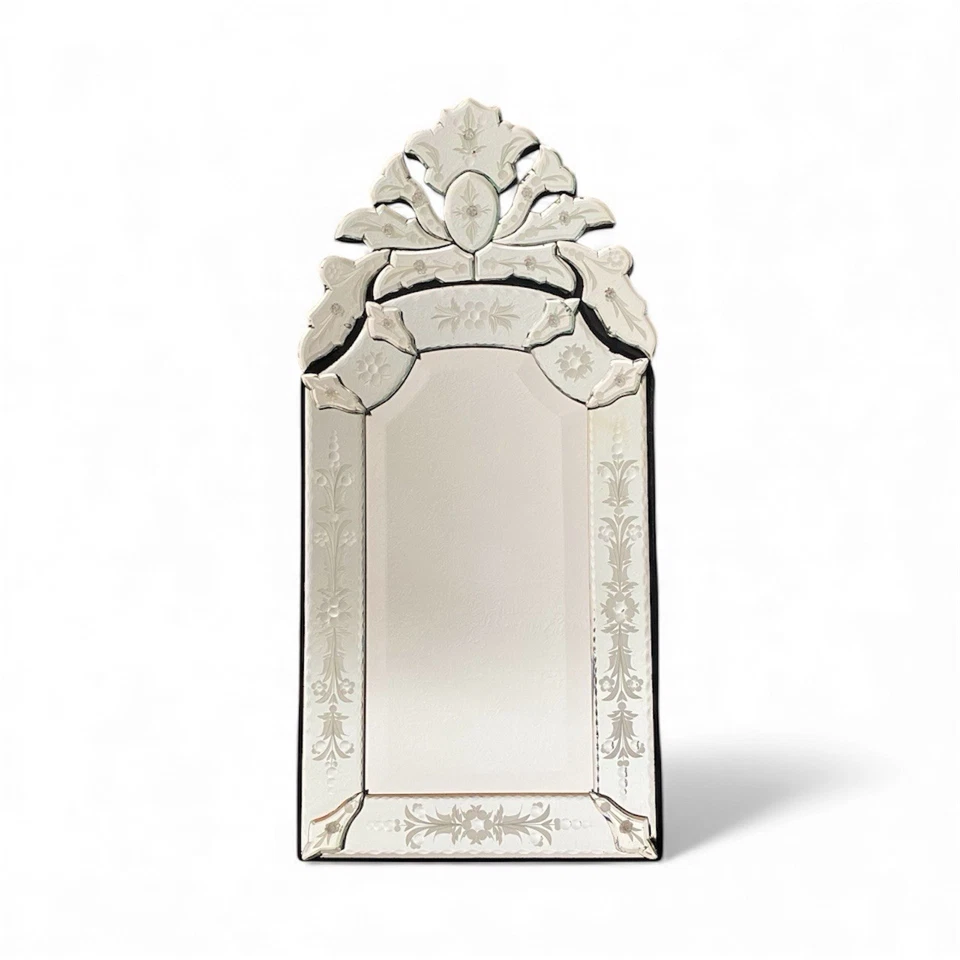 Antique Venetian Floral Etched & Beveled Glass Mirror, Foliate Cresting 30”x15” - Image 2 of 4