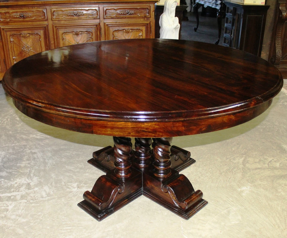 Mesa de comedor y entrada antigua estilo francés 60" redonda de madera maciza cebada torcida  Foto 4 de 4