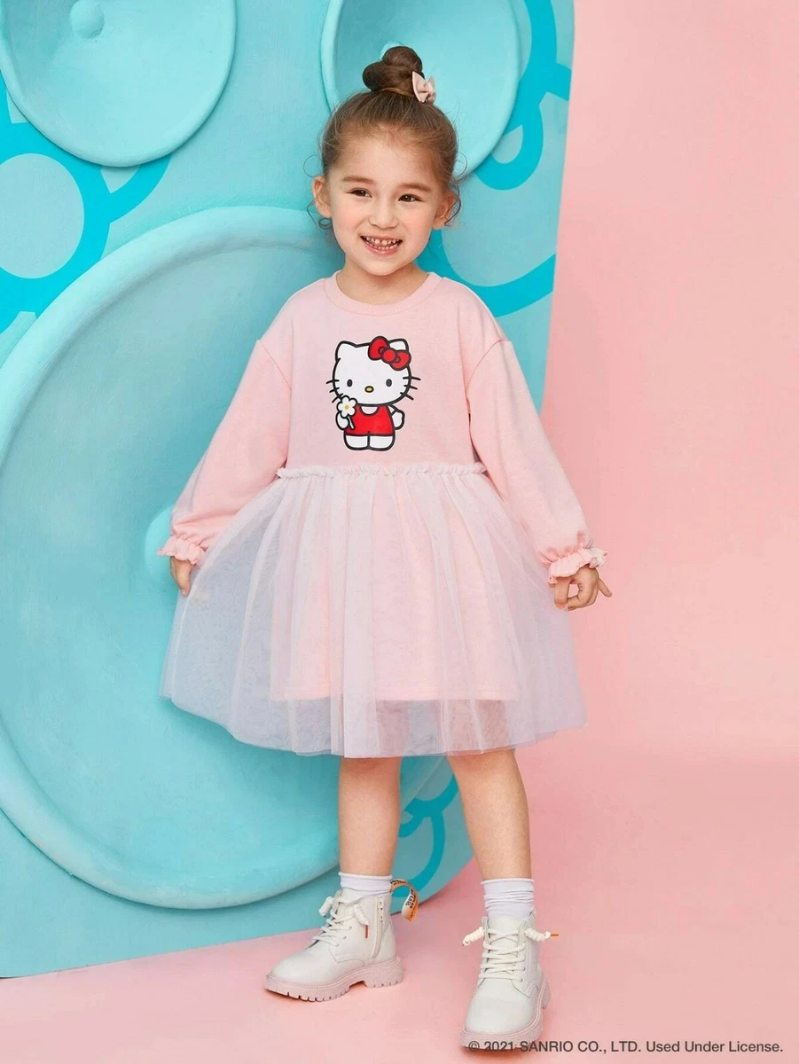 SHEIN X Hello Kitty Toddler Girls Flounce Sleeve Mesh Overlay