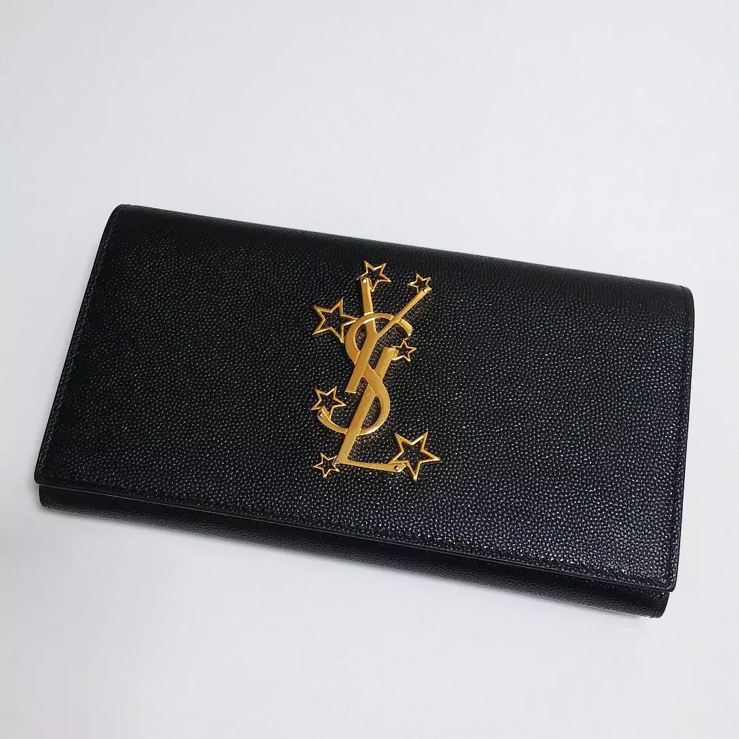 Authentic SAINT LAURENT Star Motif Flap Long Wallet Saffiano Leather Black Gold