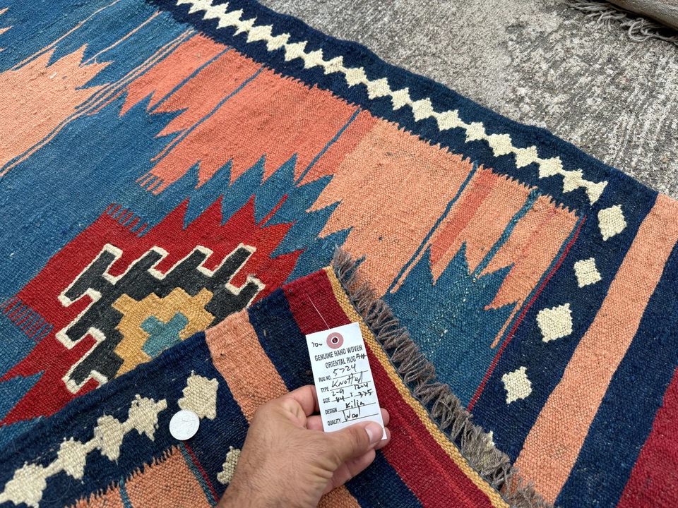 DE COLECCIÓN CORREDOR CAUCÁSICO 2x12 HECHO A MANO pavo geométrico azul oriental kilim largo Foto 3 de 4