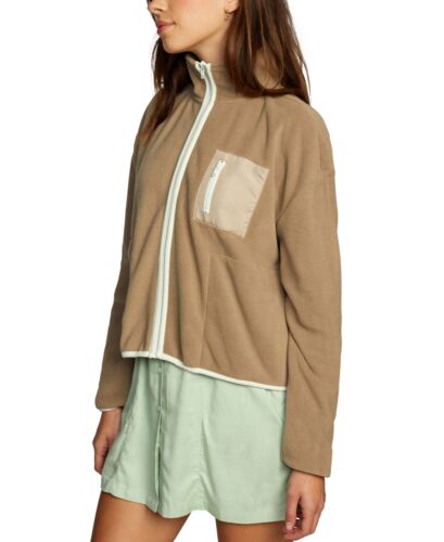 Rvca Women’s Relaxed Fit Zip Fleece Jackets Downside Zip (Dark Khaki, Large) - Picture 2 of 5