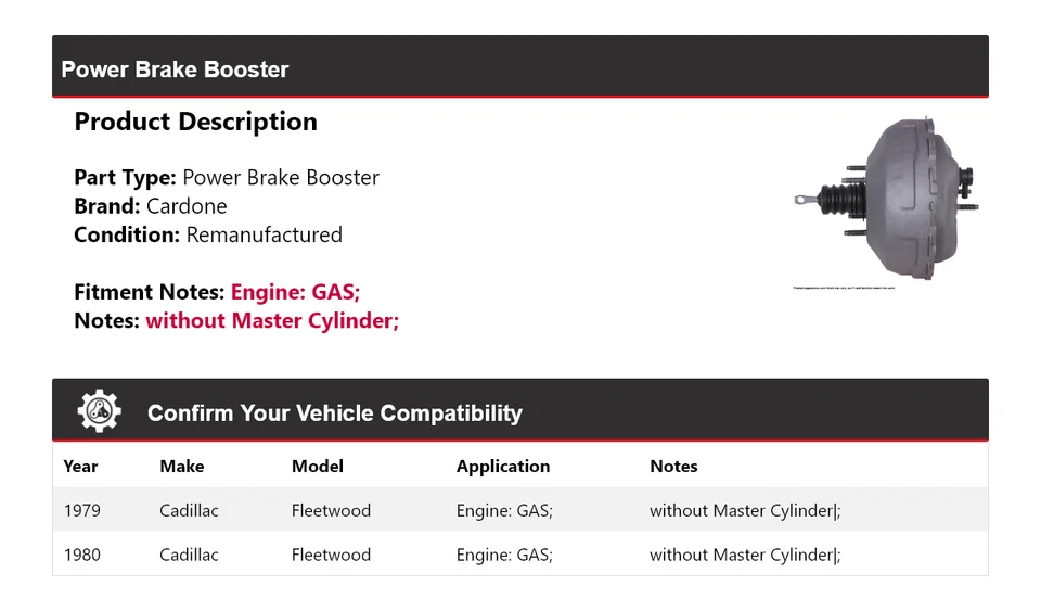 Para Cadillac Fleetwood 1979-1980 GAS Power Brake Booster Cardone Foto 2 de 4