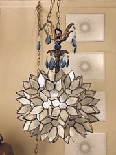 Vintage Hollywood Regency Capiz Shell Swag Chandelier MCM Cast Brass Crystal