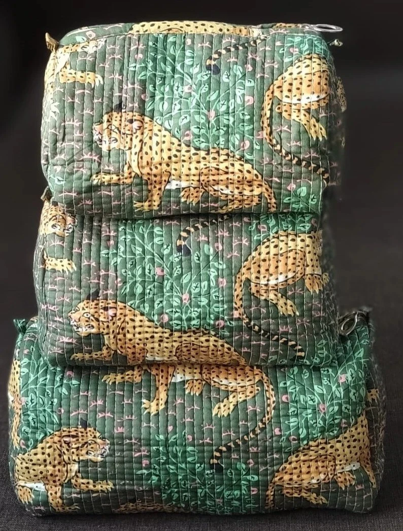 Indian Green Tiger Printed Toiletry Bag Unisex Makeup Bags Waterproof 3 Pcs. Set