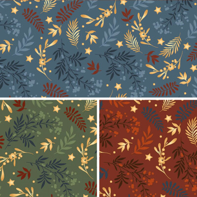 100% Baumwollstoff modern Weihnachtszweige Blatt Blätter Floral Metallic