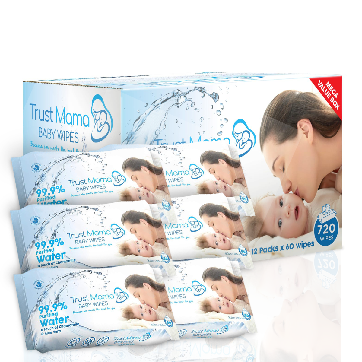 Trust Mama Water Wipes Unscented Wipes Chemical Free for Sensitive Skin 18  Packs
