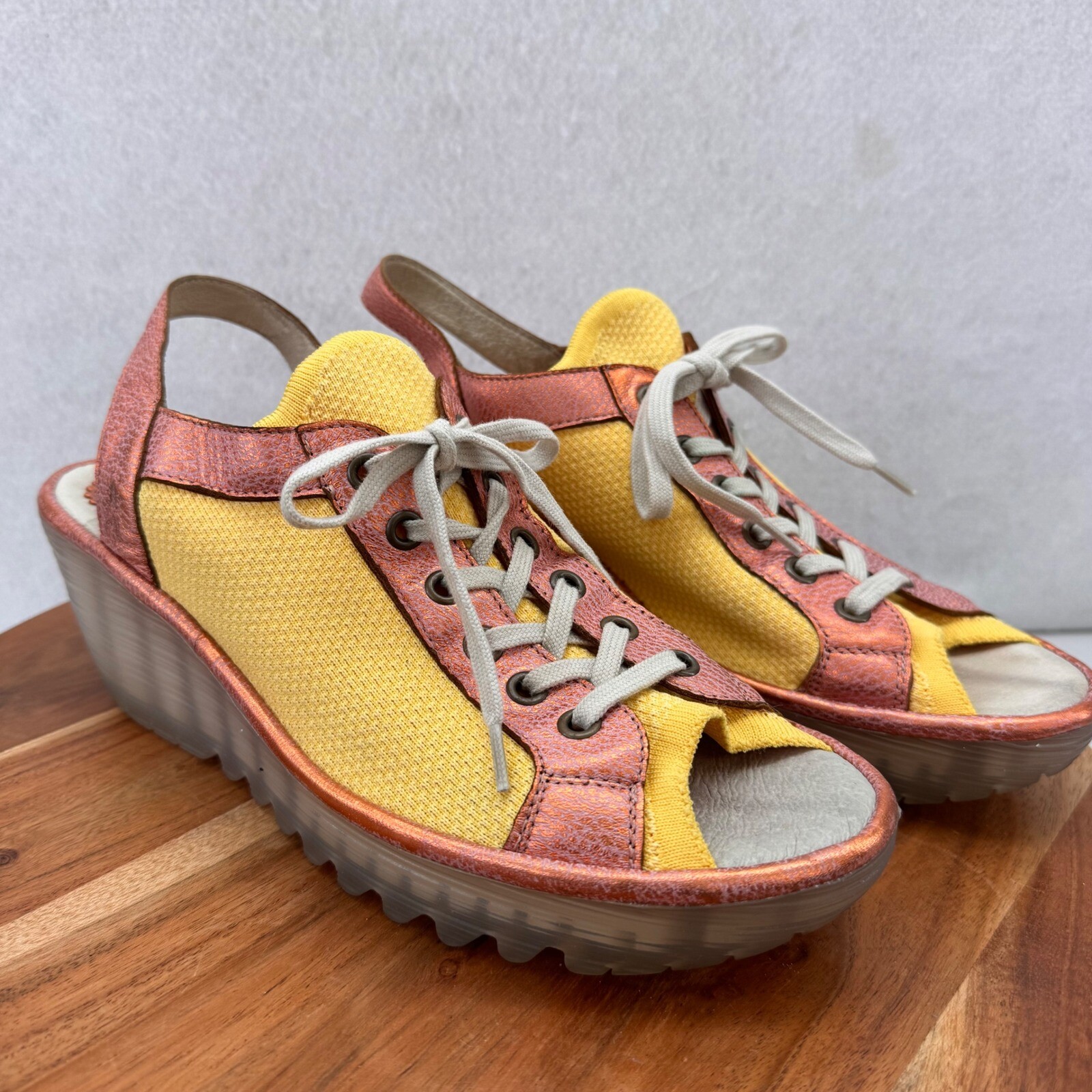 Fly London Wedge Sandals Open Toe Lace Up Slingback Yellow Pink Size 40 9US