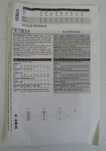 Vogue Patterns V7833 Jacket Uncut Size 8-10-12 Sewing Pattern - Picture 2 of 5