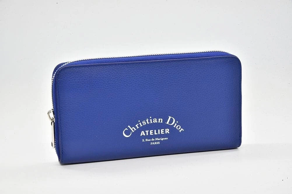 Portefeuille Christian Dior Atelier long autour zippé cuir marine authentique