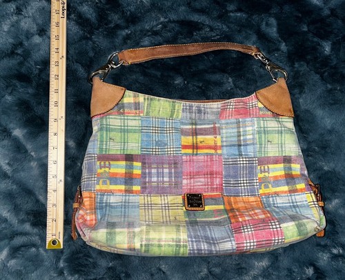Dooney & Bourke VTG Madras Pink Green Blue Picnic Plaid Ants Hobo Shoulder Bag - Picture 6 of 12