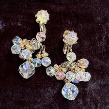 VINTAGE 1960s VENDOME GOLD CHANDELIER EARRINGS AB CRYSTAL AURORA BOREALIS CLIPS