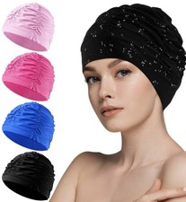4 pcs Soulchen Swim Caps for Women Polyester 2 Pinks, Blue, and Black
