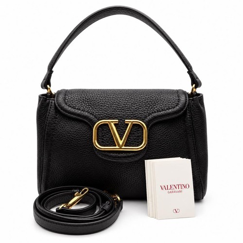 Valentino Garavani V Logo Black Leather Mini Top Handle Bag 2 Way Shoulder Bag