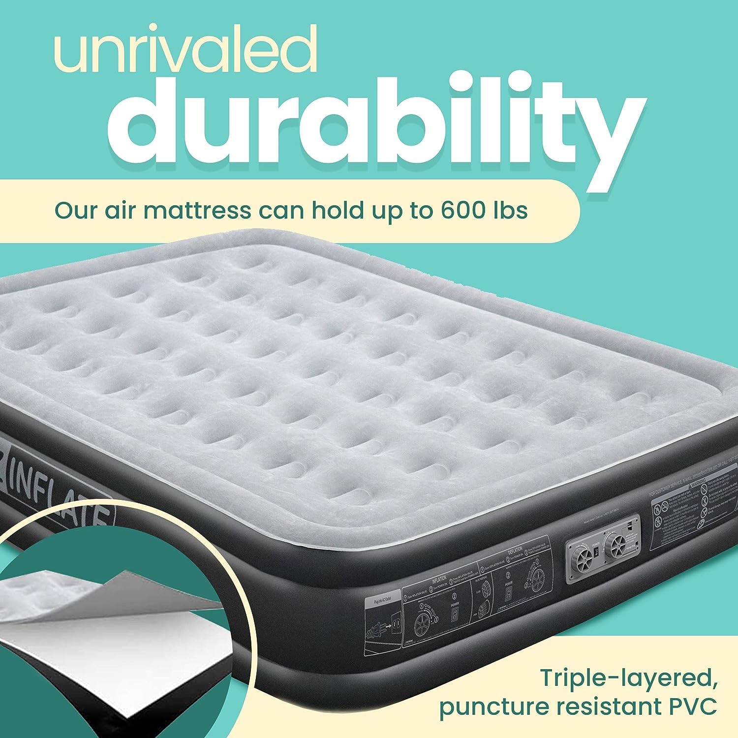 EZ INFLATE Adjustable Blow Up Air Mattress With Dual Pump, Queen - Gray/Black