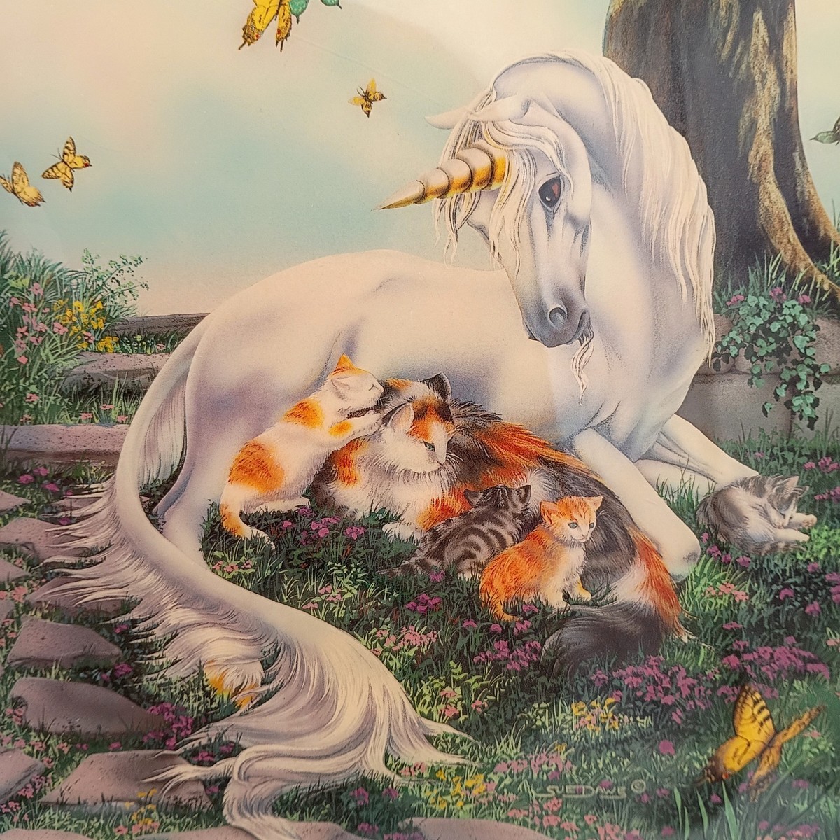 Rare Vintage Unicorn And Kittens Plaque Sue Dawe Fantasy Art Wood