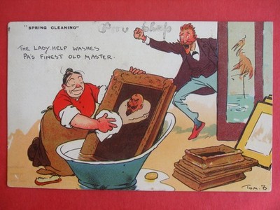 Alter TOM BROWNE Comic FRÜHJAHRSPUTZMÄDCHEN WÄSCHT KUNST MALEREI ALTMEISTER IM BAD