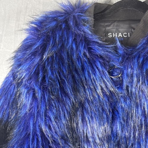 Shaci Blue Women's Large Blue Black Faux Fur Monster Bomber Lined Jacket - Bild 5 von 10