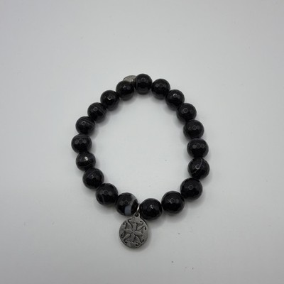Rustic Cuff Bracelet Stretch Black and Black Silver Charm