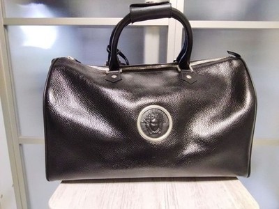 Versace Black Boston Bag Handbag Leather Medusa Logo Silver Hardware Used